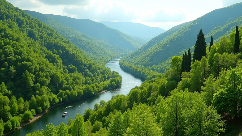 Šventosios slėnis su upeliu, žali šlaitukai ir medžiai, pavasarinis metas