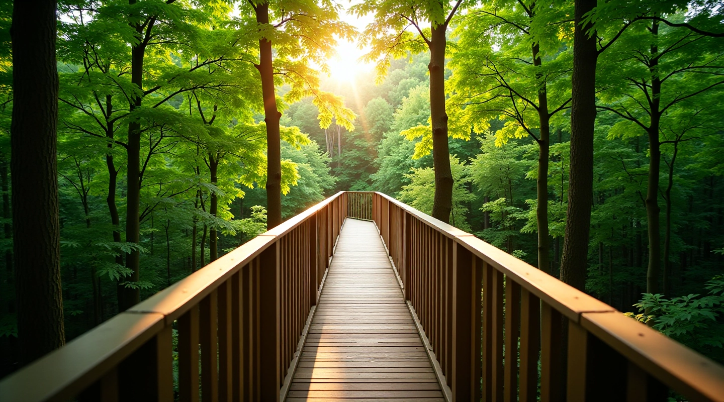 Medžių lajų takas tarp žalių medžių, saulės šviesa praleidžiama per lapus